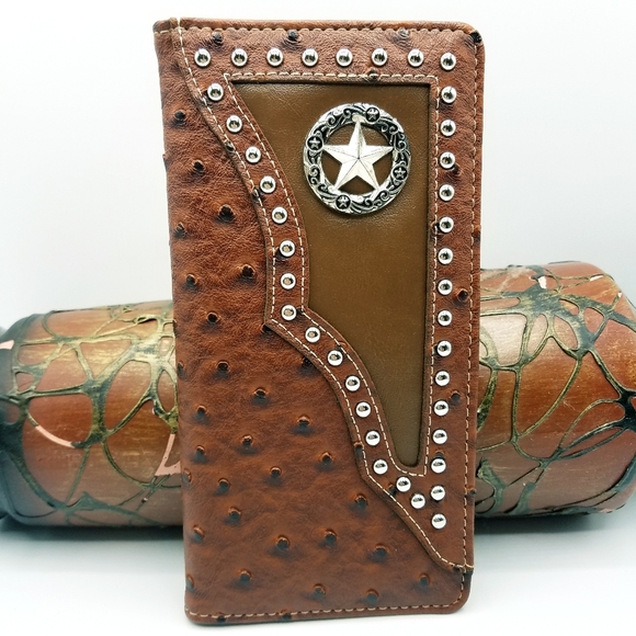 STAR Western Mens wallet Bifold W011-1 Ostrich Brown check book style. - Picture 1 of 8